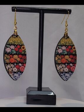Floral Marquise Drop Earrings - Black & Multicolor